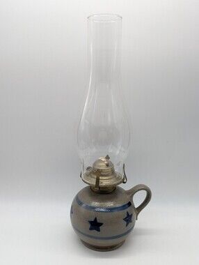 Vintage Rowe Pottery Grey Blue Star Ceramic Hurricane Oil Lamp W/ Handle